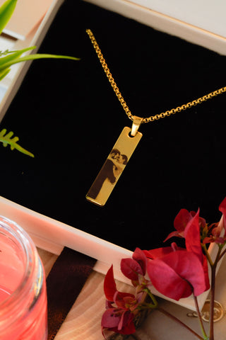 Gift for Couple - Close-up of Gold Customized Photo Necklace in open box