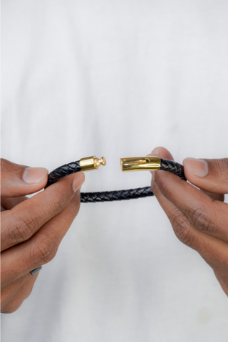 Men's Braided Leather Bracelet with Gold Clasp