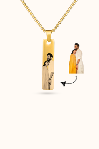 Gift for Couple - Elegant Gold Customized Photo Necklace on display