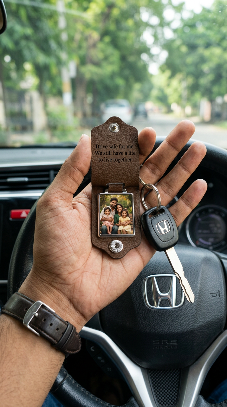 Personalized Leather Photo Keychain with Engraved Message