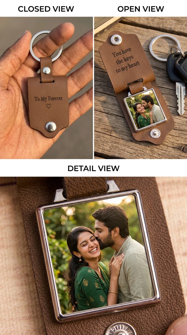 Personalized Leather Photo Keychain with Engraved Message