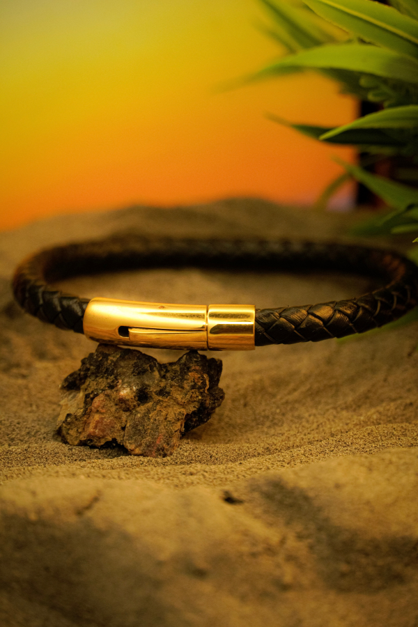 Men's Braided Leather Bracelet with Gold Clasp