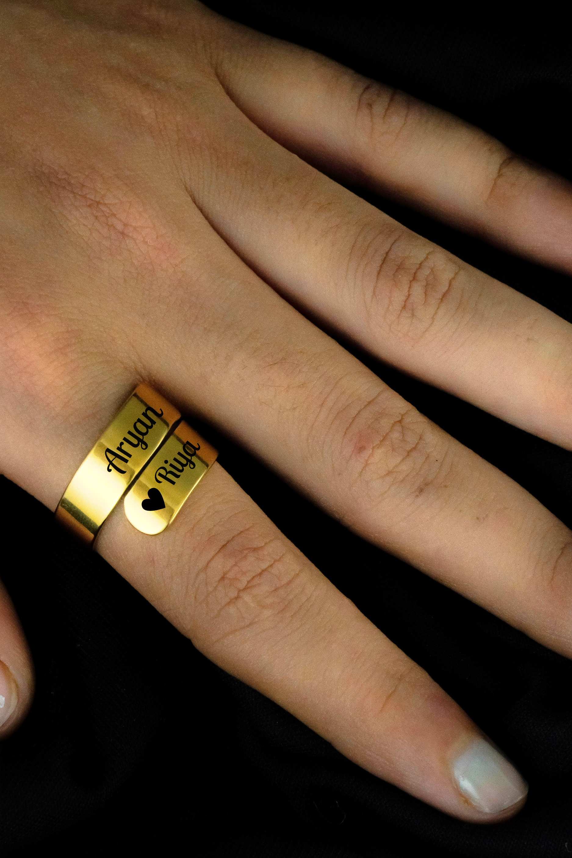 Gift for Couple - Couple Name Ring worn on finger with engraved names