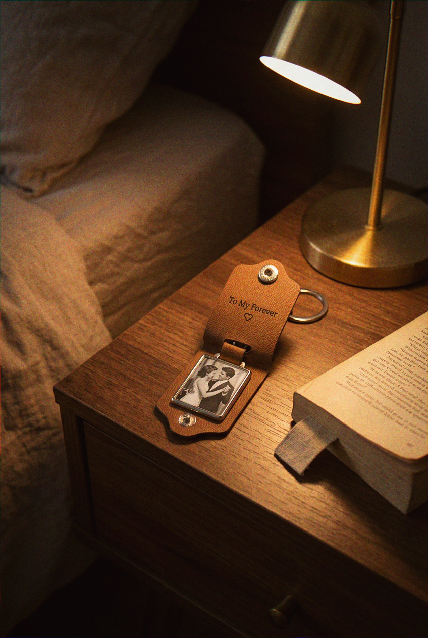 Personalized Leather Photo Keychain with Engraved Message