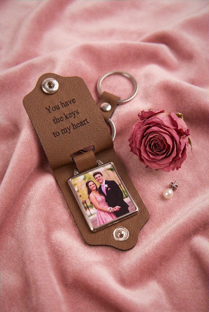 Personalized Leather Photo Keychain with Engraved Message