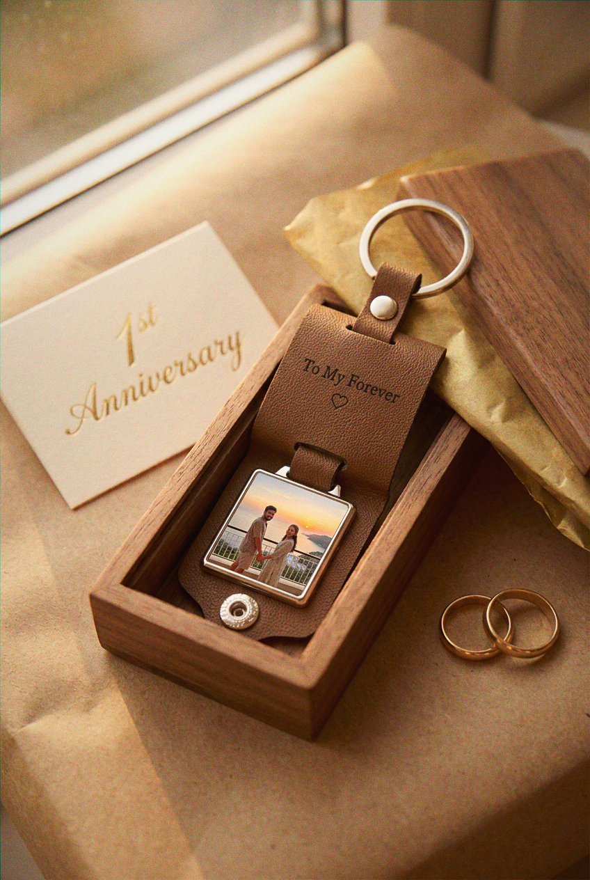 Personalized Leather Photo Keychain with Engraved Message