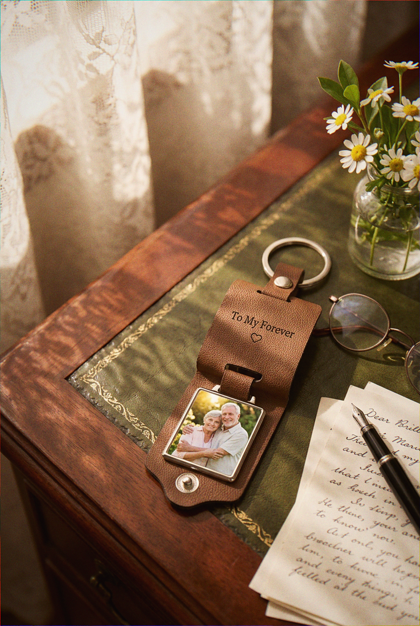 Personalized Leather Photo Keychain with Engraved Message