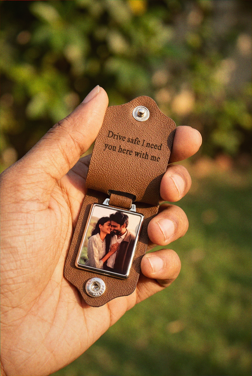 Personalized Leather Photo Keychain with Engraved Message