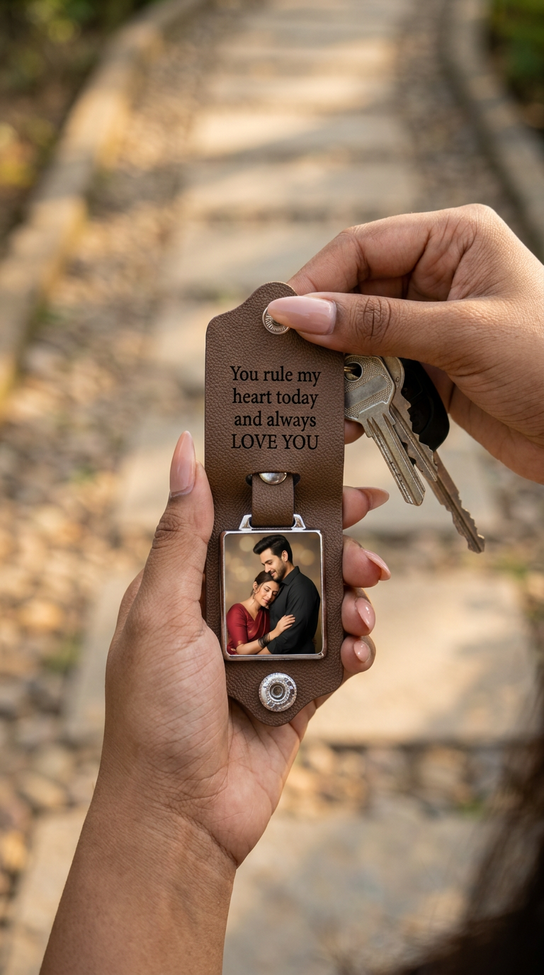 Personalized Leather Photo Keychain with Engraved Message