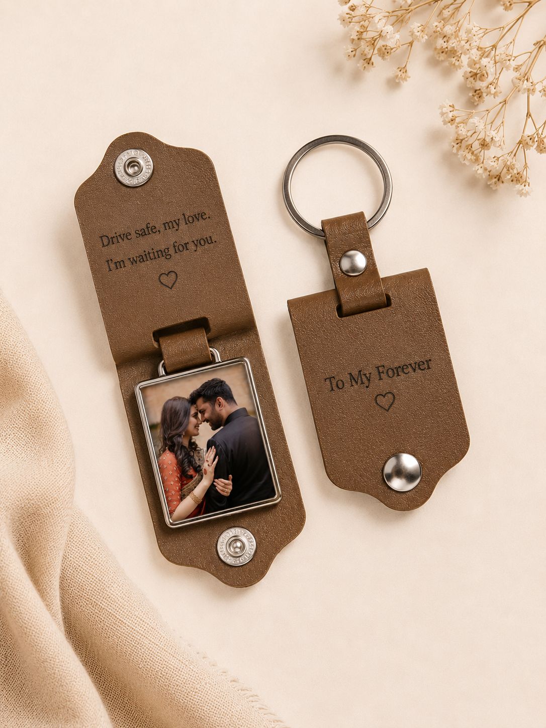Personalized Leather Photo Keychain with Engraved Message