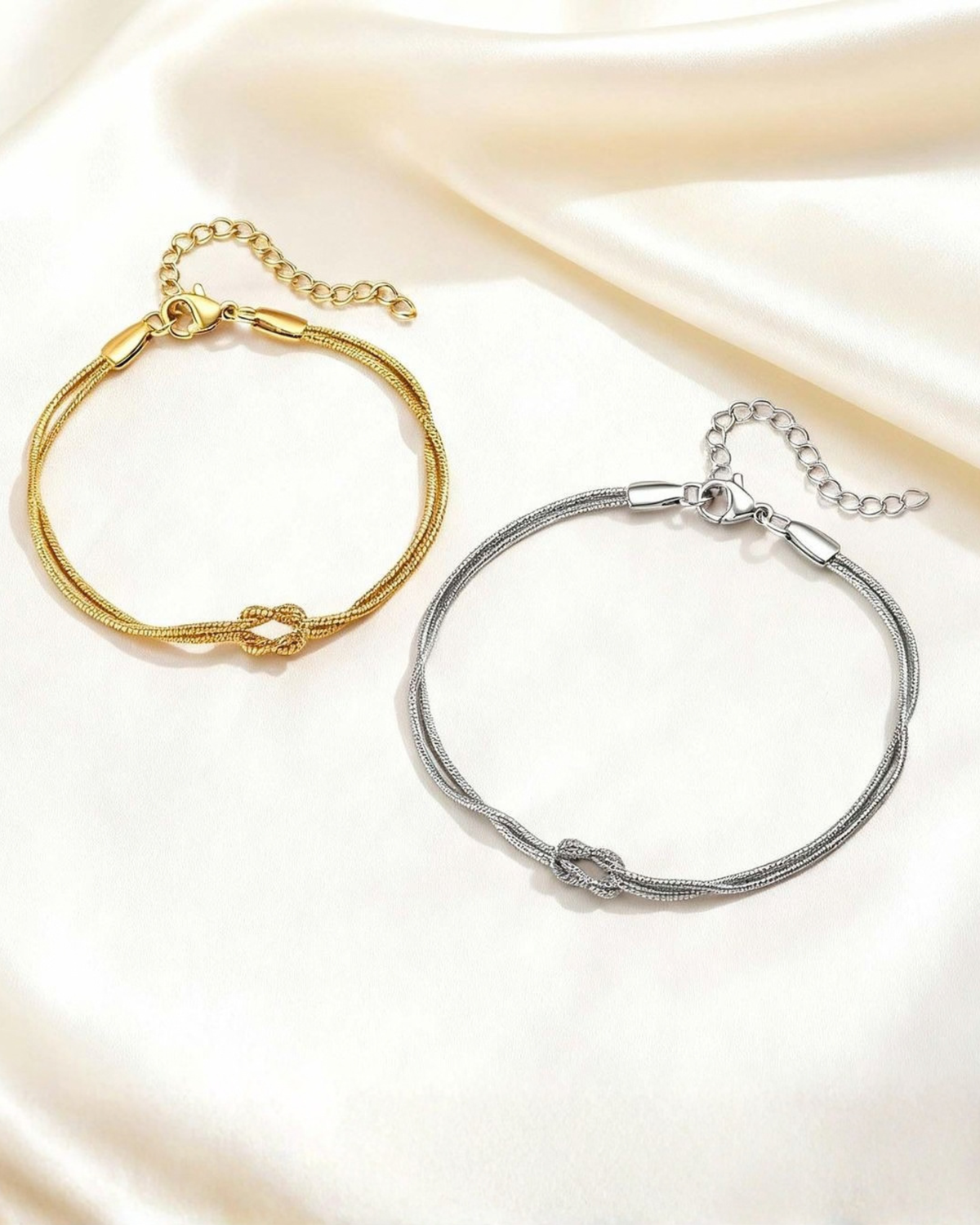 Gold and silver love knot bracelets with lobster clasp and extender chain