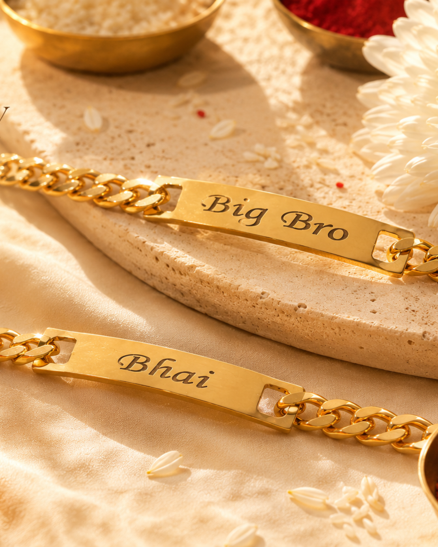 Big Bro and Bhai bracelets on a puja thali
