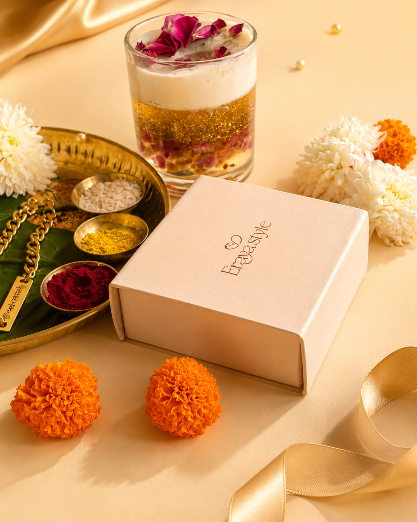 Eraya Style gift box with the rakhi bracelet and puja thali