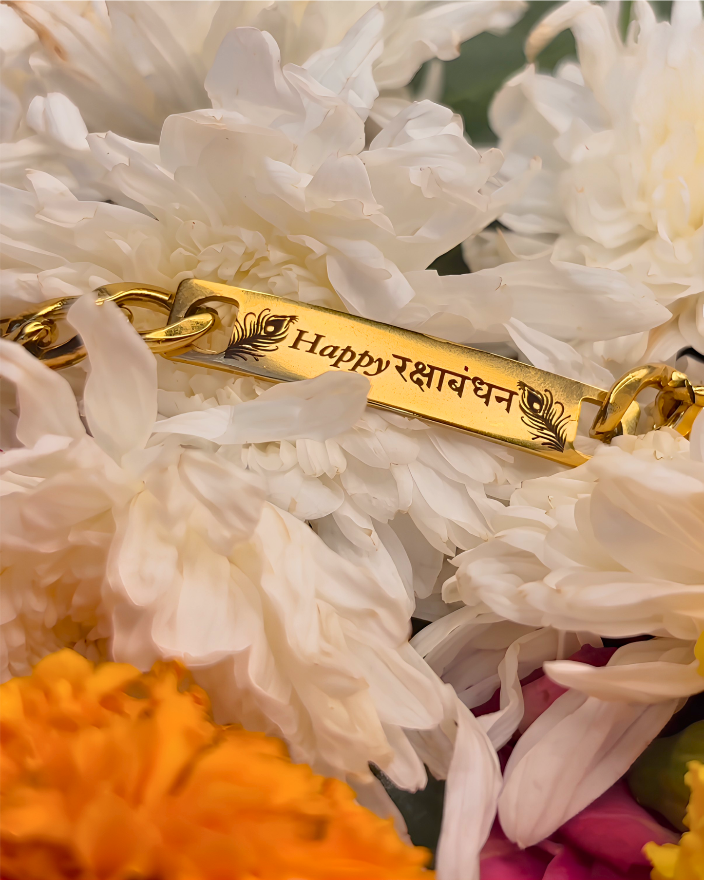 Happy Rakshabandhan engraved bar bracelet with flowers