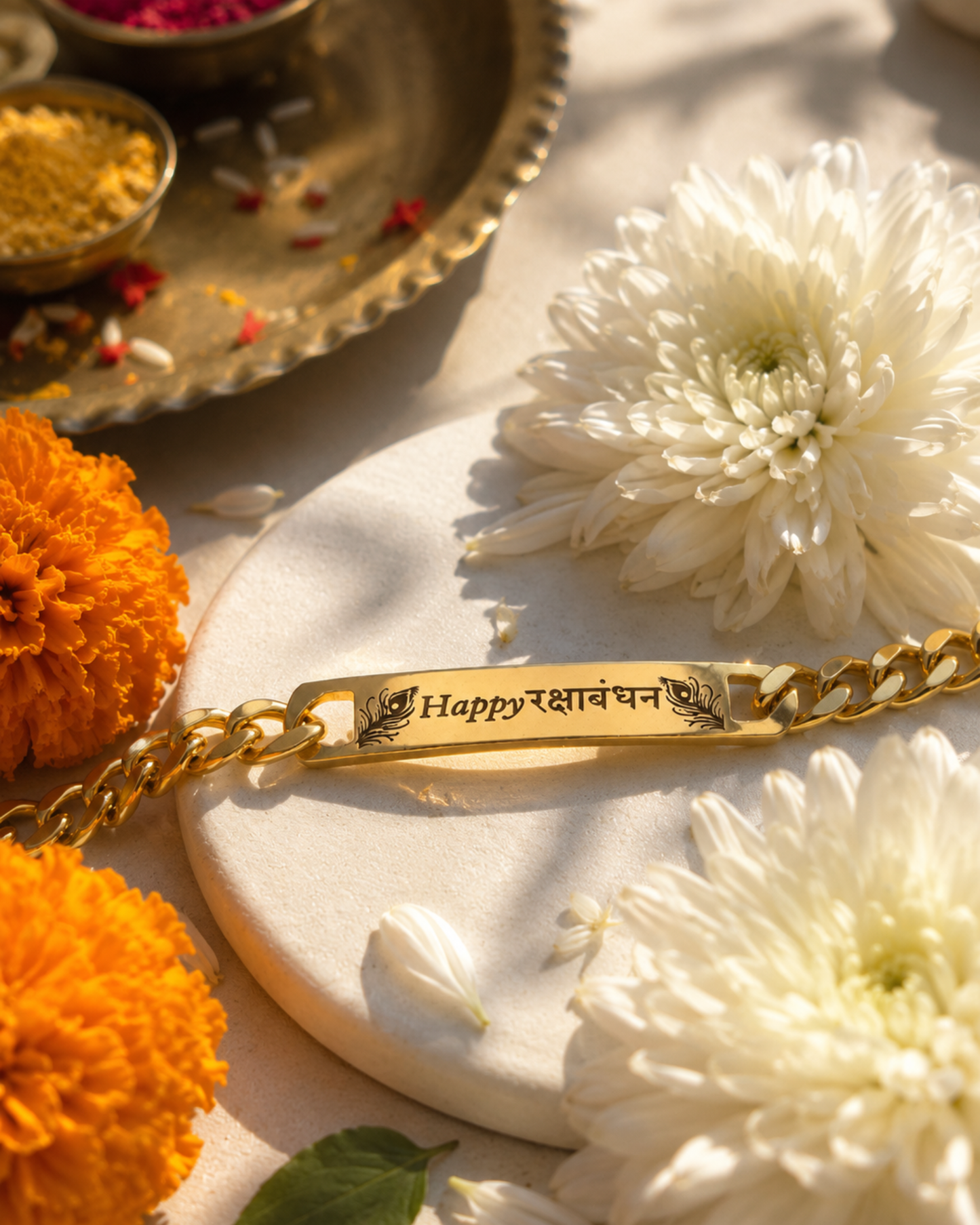 Happy Rakshabandhan bracelet on a puja setup
